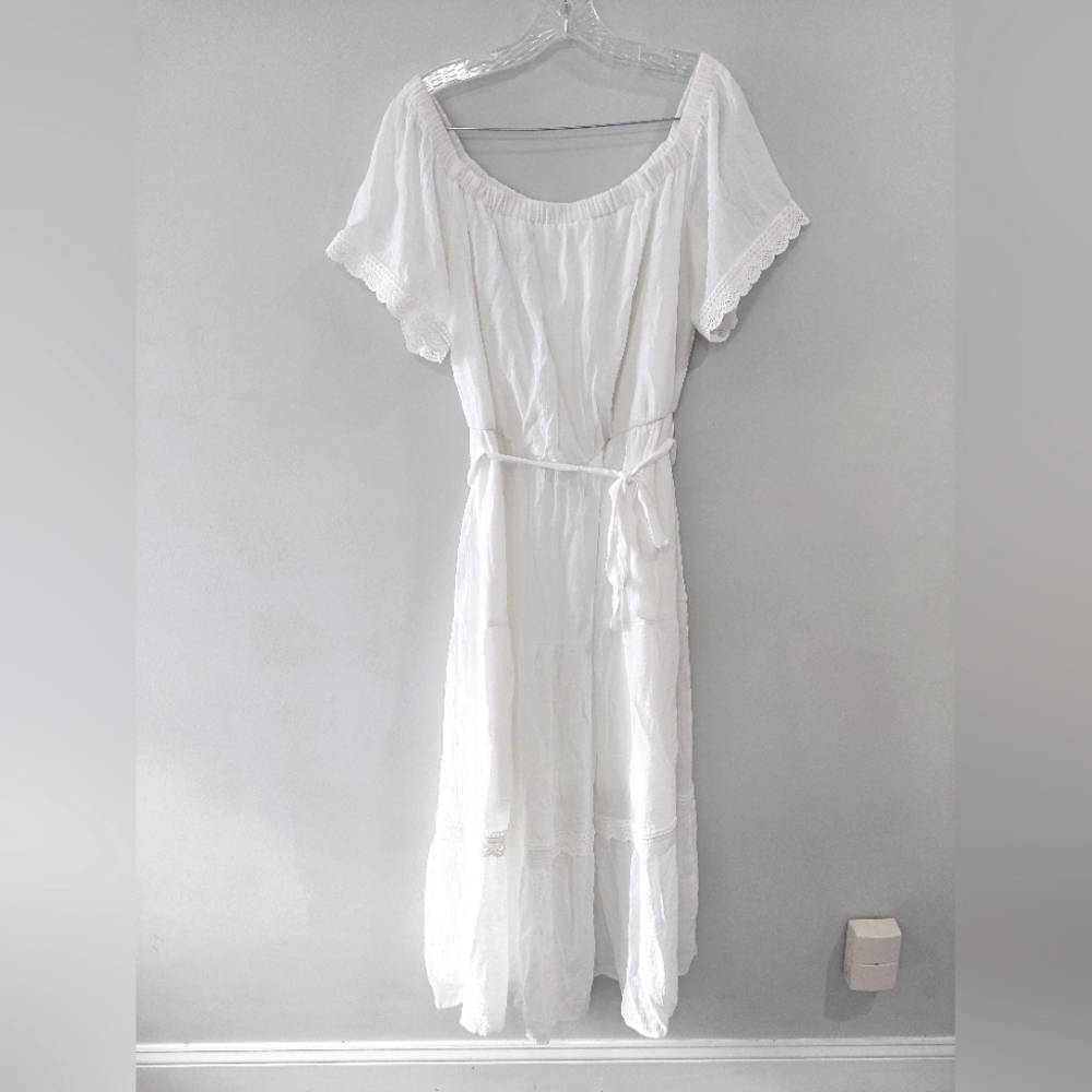 Maxi Dress White Boho Cottagecore Beachy Large elastic collar elastic waist